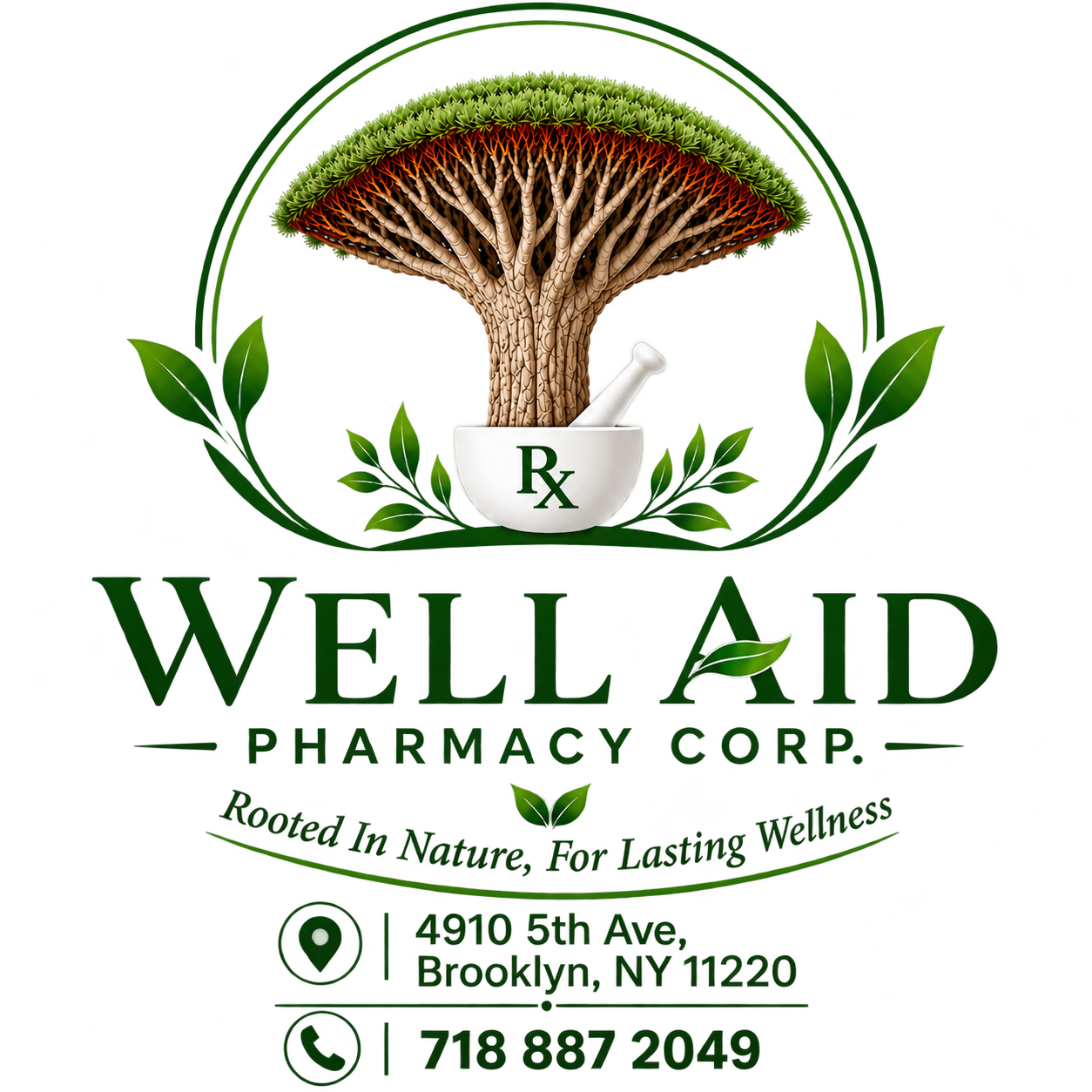 Well Aid Pharmacy Corp. logo with dragon blood tree and mortar and pestle